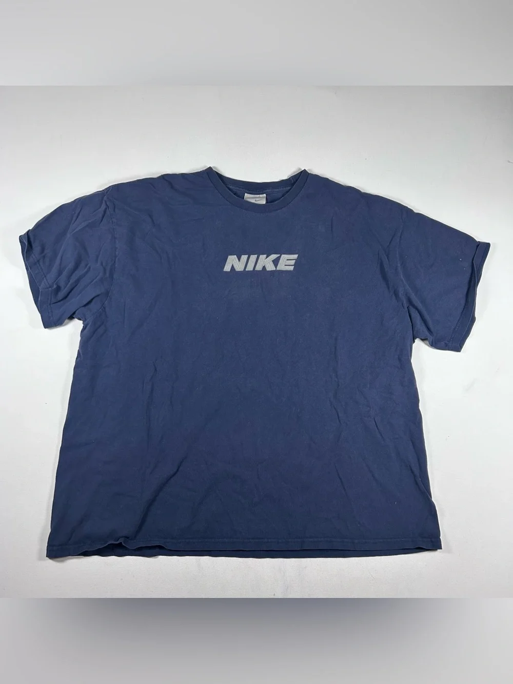 RARE Vintage Nike Center Swoosh T-Shirt Big Logo Faded Blue XXL Y2K Gray Tag